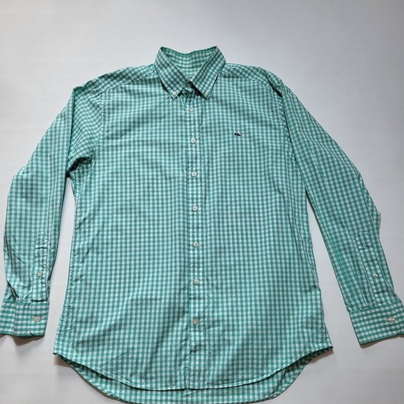 Vineyard Vines Mens Shirt Slim Fit Whale Mint Green White Plaid Long Sleeve Sz L - Picture 2 of 5